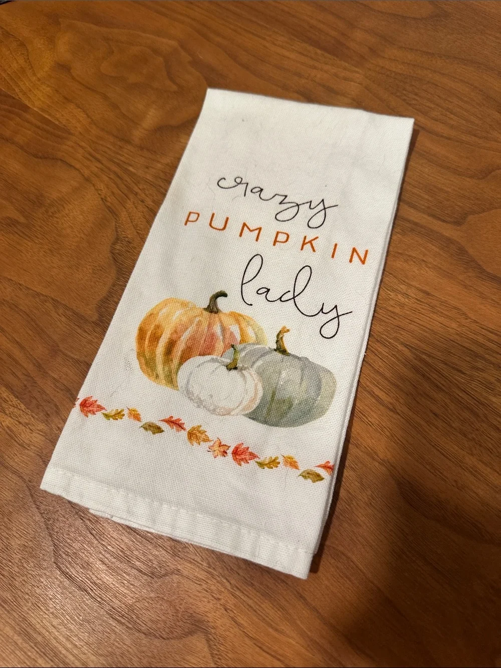 White 'Crazy Pumpkin Lady' Cotton Kitchen Tea Towel (smaller than a dish towel)